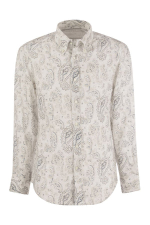 Slim Fit Linen Button-Down Shirt with Paisley Details