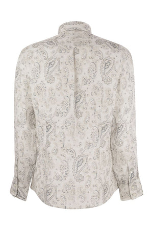 Slim Fit Linen Button-Down Shirt with Paisley Details