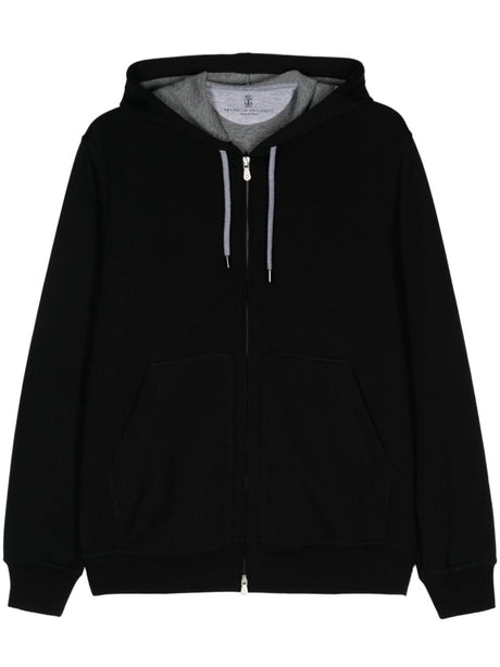 BRUNELLO CUCINELLI Men's Black Drawstring Hooded Zip Sweater