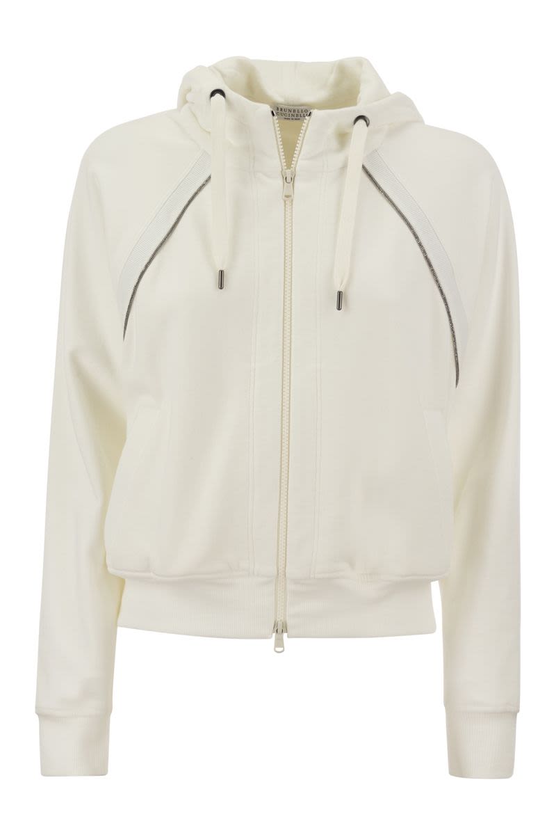 BRUNELLO CUCINELLI White Smooth Cotton Fleece Hooded Topwear with Shiny Piping