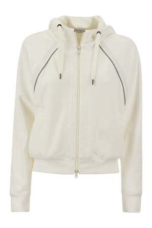 BRUNELLO CUCINELLI White Smooth Cotton Fleece Hooded Topwear with Shiny Piping