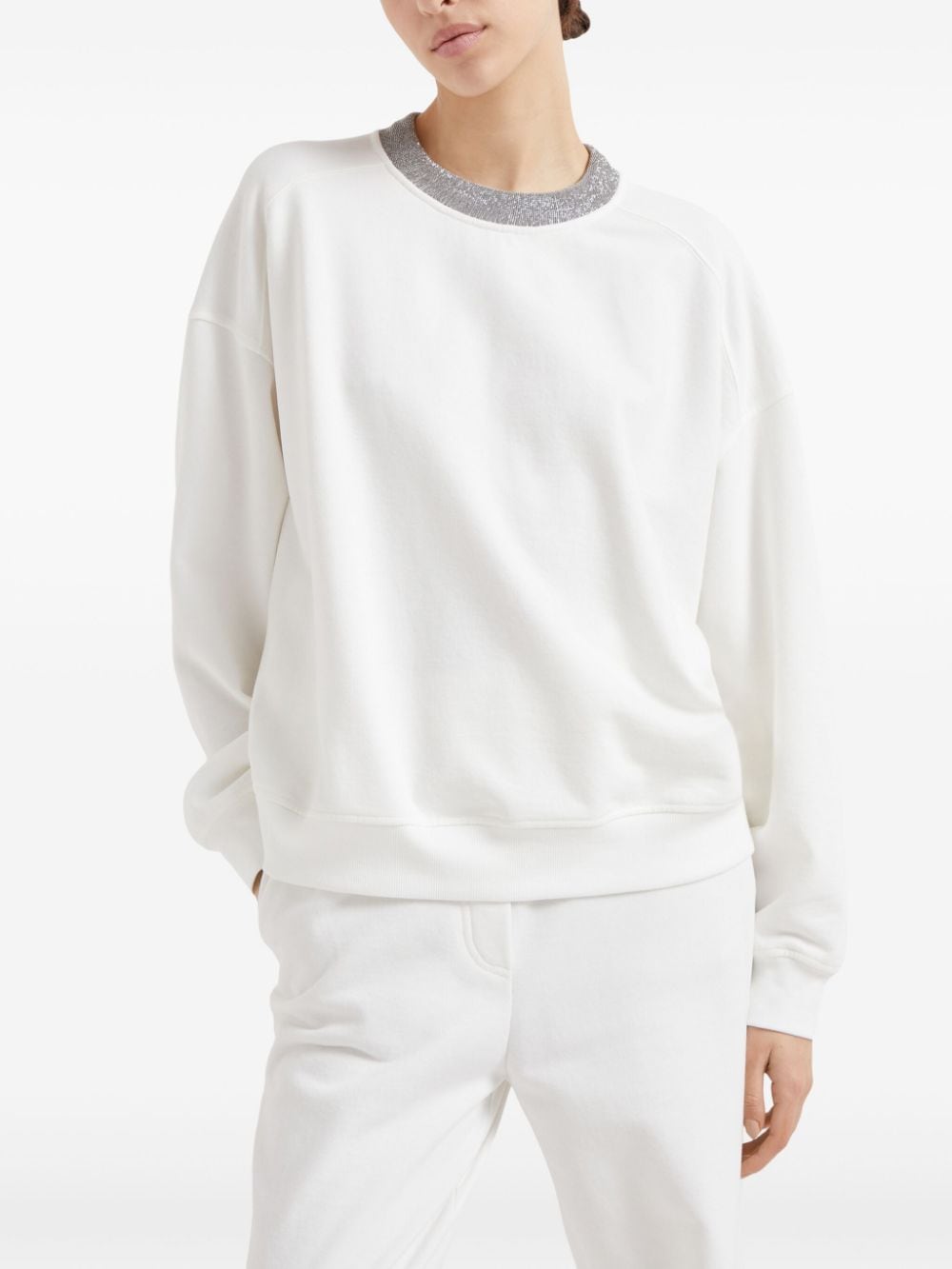 BRUNELLO CUCINELLI Elegant White Cotton Crewneck Sweater with Monili Detail