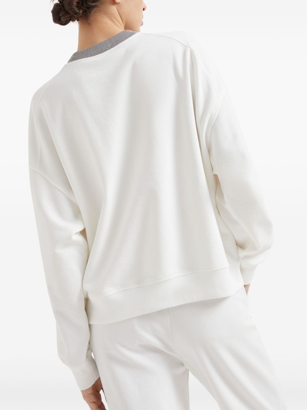 BRUNELLO CUCINELLI Elegant White Cotton Crewneck Sweater with Monili Detail