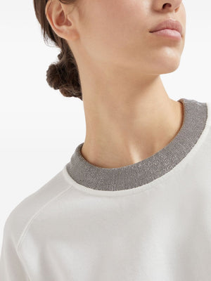 BRUNELLO CUCINELLI Elegant White Cotton Crewneck Sweater with Monili Detail