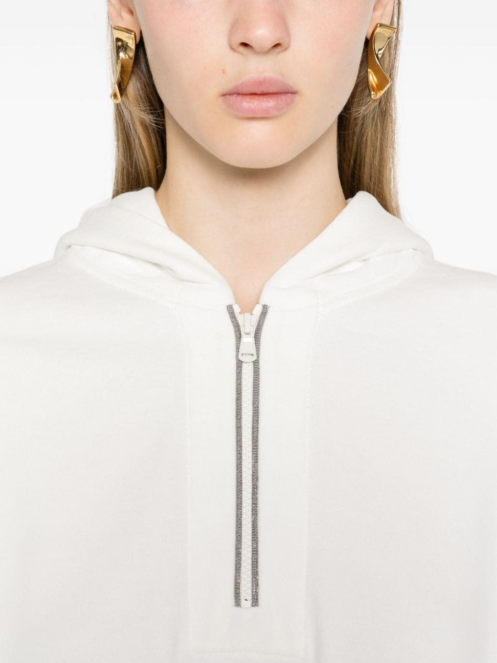 BRUNELLO CUCINELLI Elegant White Cotton Hoodie with Monili Zip Detail