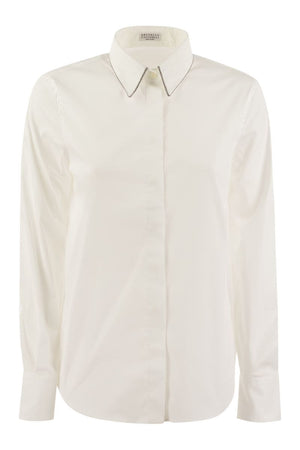 BRUNELLO CUCINELLI Elegant White Stretch Cotton Poplin Shirt with Monili Detail