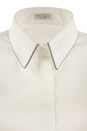 BRUNELLO CUCINELLI Elegant White Stretch Cotton Poplin Shirt with Monili Detail