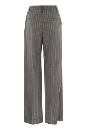 BRUNELLO CUCINELLI LOOSE FLARED TROUSERS IN VIRGIN WOOL MOULINé PINSTRIPE WITH BEADWORK