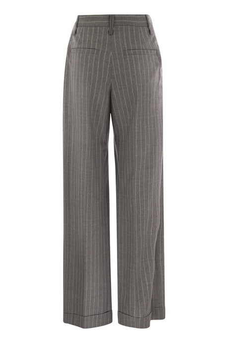 BRUNELLO CUCINELLI Elegant Striped Wool Flare Trousers with Bead Detail