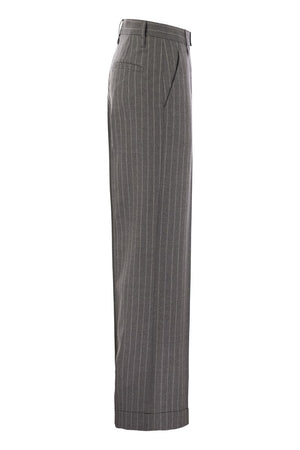 BRUNELLO CUCINELLI Elegant Striped Wool Flare Trousers with Bead Detail