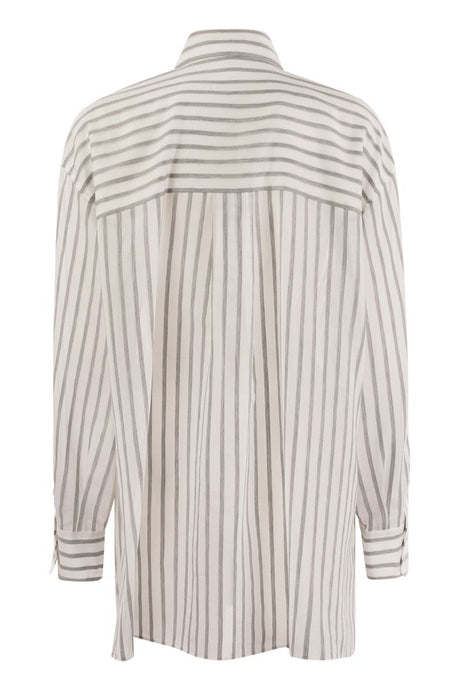 BRUNELLO CUCINELLI Elegant Striped Silk-Cotton Light Knit Shirt with Jewel Accent