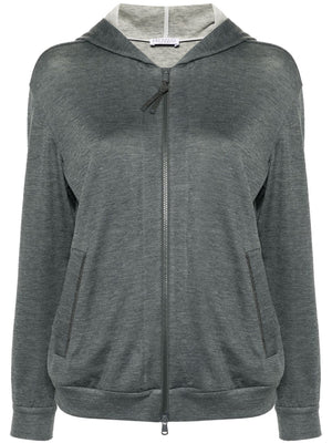 BRUNELLO CUCINELLI Luxury Dark Grey Silk-Cotton Hooded Cardigan