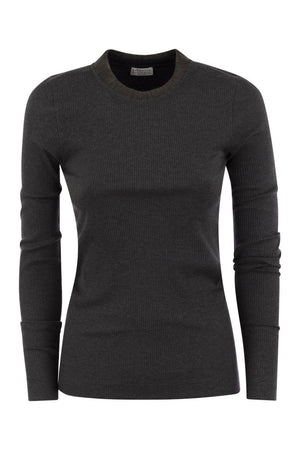 BRUNELLO CUCINELLI Elegant Ribbed Stretch Cotton Tee with Monile Embellishment