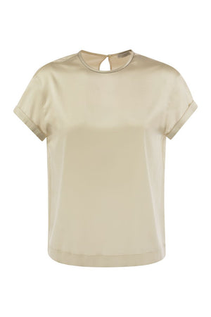 BRUNELLO CUCINELLI Elegant Stretch Silk Satin T-Shirt with Jewel Accent