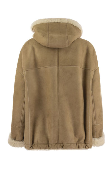 BRUNELLO CUCINELLI Reversible Shearling Luxury Coat with Jewel Neck Detail