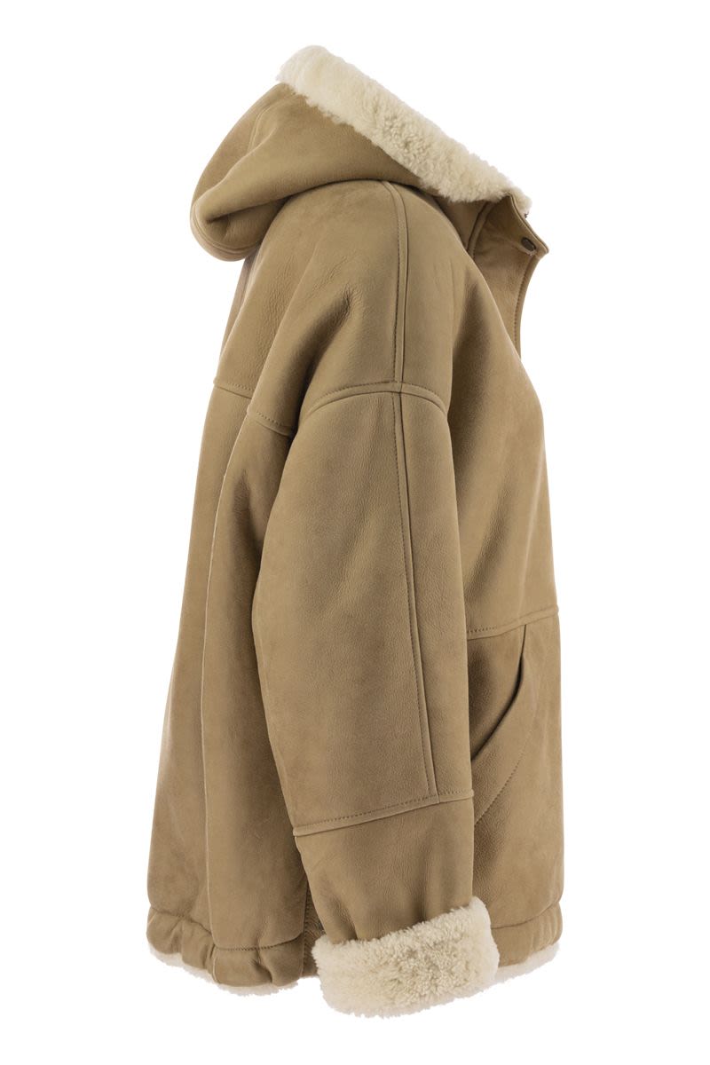 BRUNELLO CUCINELLI Reversible Shearling Luxury Coat with Jewel Neck Detail