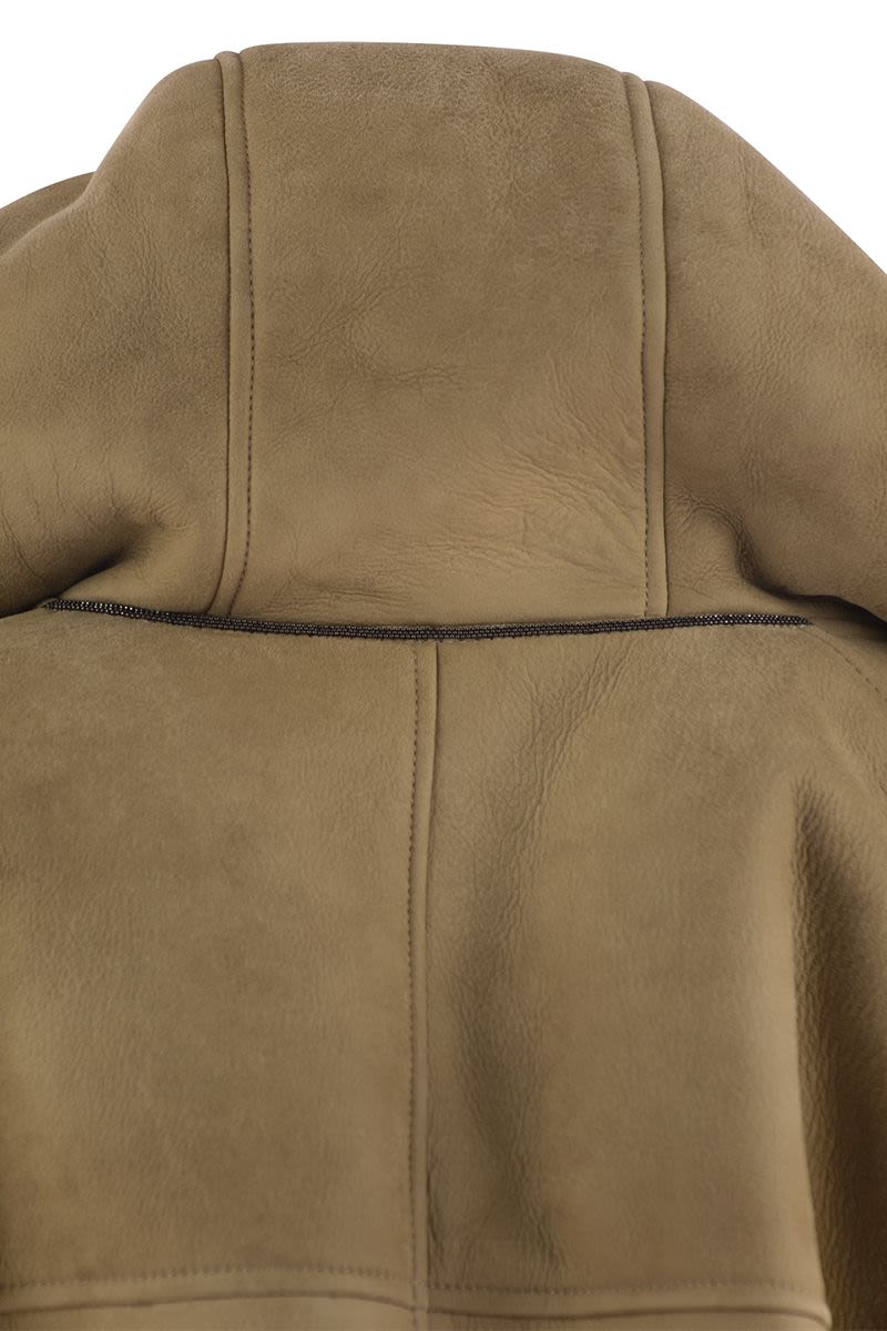 BRUNELLO CUCINELLI Reversible Shearling Luxury Coat with Jewel Neck Detail