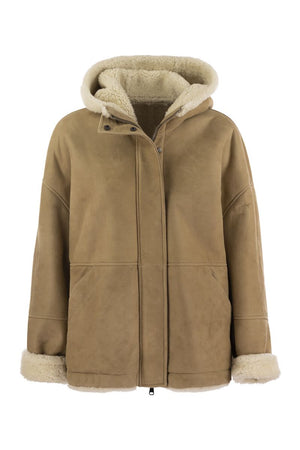 BRUNELLO CUCINELLI Reversible Shearling Luxury Coat with Jewel Neck Detail