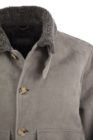 BRUNELLO CUCINELLI Luxury Suede Sheepskin Bomber Jacket with Wool Accents