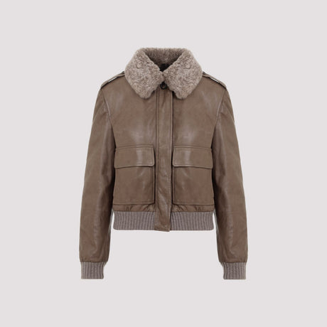 BRUNELLO CUCINELLI LEATHER BOMBER JACKET AND SHEARLING COLLAR