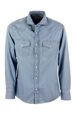 BRUNELLO CUCINELLI Men's Easy Fit Denim Shirt with Western-inspired Details