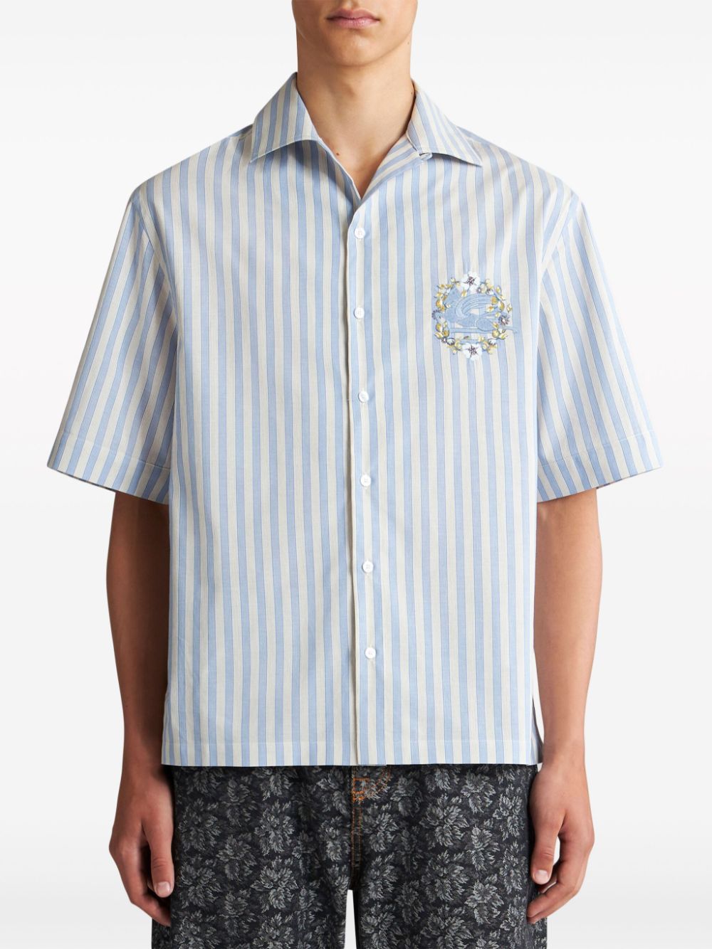 ETRO Men's Light Blue Vertical Stripe Cotton Shirt with Embroidered Logo