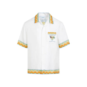 メンズカサブランカシルクプリントシャツ-ホワイト、SS24