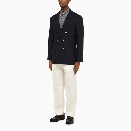 BRUNELLO CUCINELLI Navy Blue Linen and Wool Double-Breasted Jacket for Men