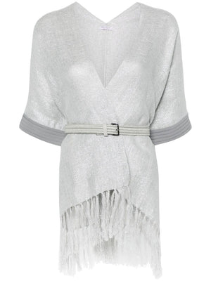 BRUNELLO CUCINELLI Gray Fringed Silk Poncho with Lurex Detailing and Waist Belt for Women - SS24