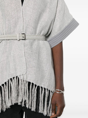 BRUNELLO CUCINELLI Gray Fringed Silk Poncho with Lurex Detailing and Waist Belt for Women - SS24