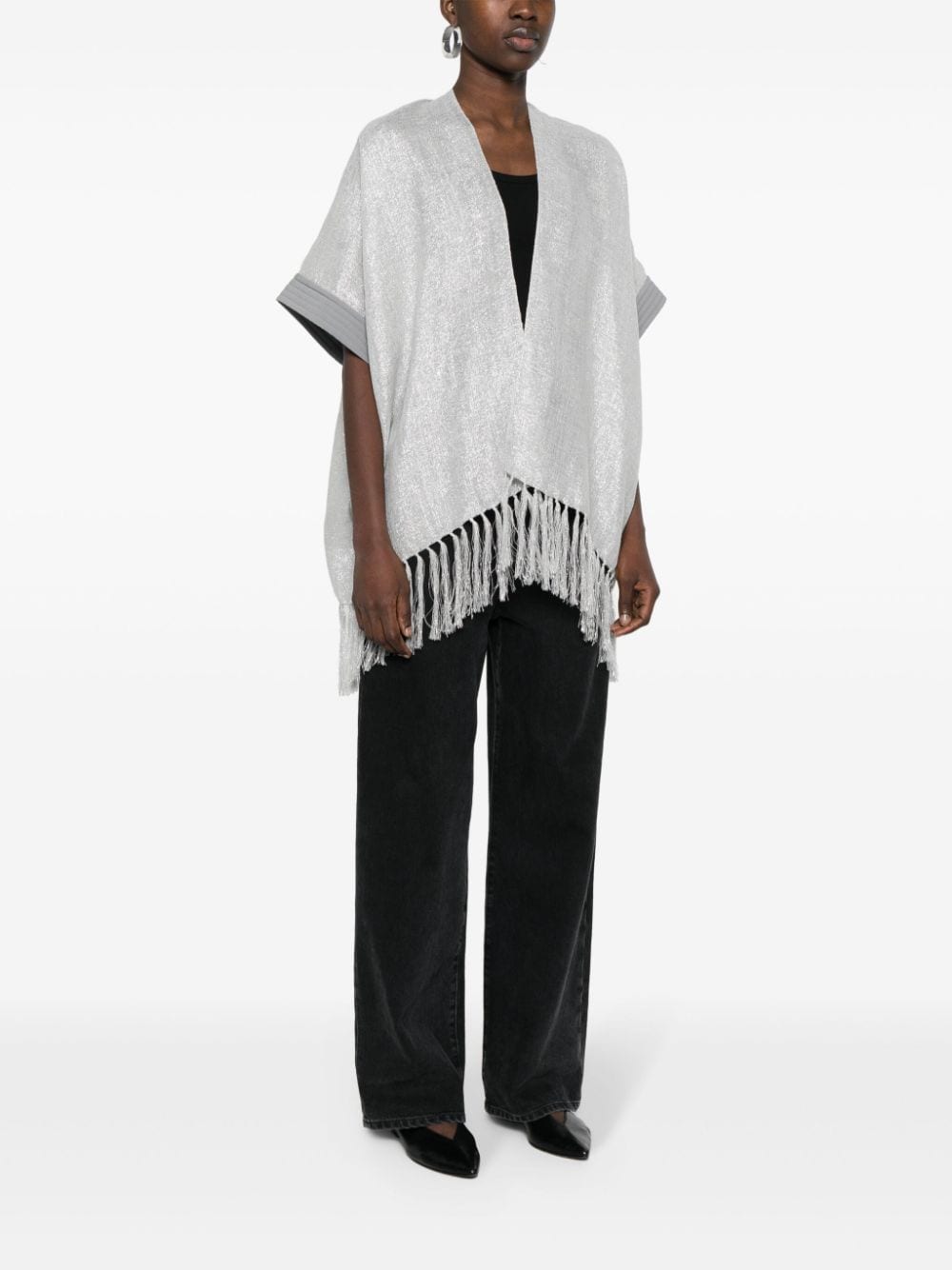 BRUNELLO CUCINELLI Gray Fringed Silk Poncho with Lurex Detailing and Waist Belt for Women - SS24