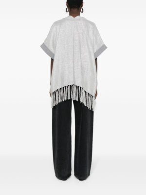 BRUNELLO CUCINELLI Gray Fringed Silk Poncho with Lurex Detailing and Waist Belt for Women - SS24