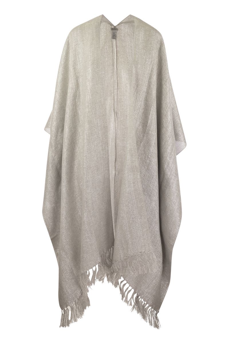 BRUNELLO CUCINELLI Silver-Tone Lame Effect Textured Poncho with Fringed Hem and Long Sleeves