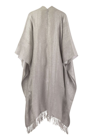 BRUNELLO CUCINELLI Silver-Tone Lame Effect Textured Poncho with Fringed Hem and Long Sleeves