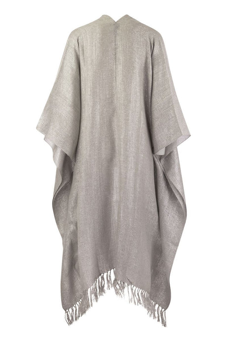 BRUNELLO CUCINELLI Silver-Tone Lame Effect Textured Poncho with Fringed Hem and Long Sleeves