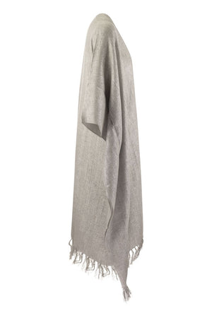 BRUNELLO CUCINELLI Silver-Tone Lame Effect Textured Poncho with Fringed Hem and Long Sleeves