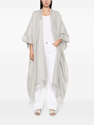 BRUNELLO CUCINELLI Silver-Tone Lame Effect Textured Poncho with Fringed Hem and Long Sleeves