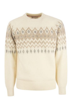 Icelandic Jacquard Buttoned Sweater in Alpaca, Cotton and Wool for Men