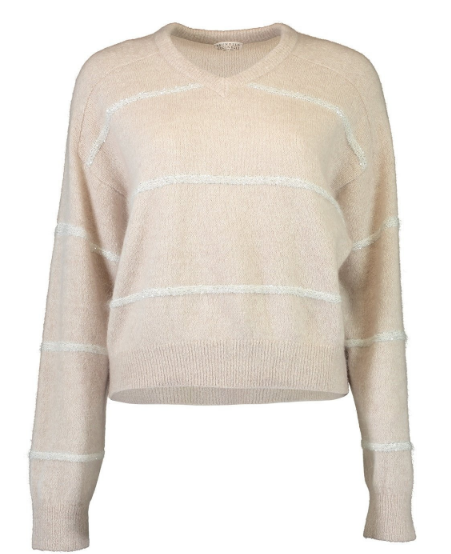 BRUNELLO CUCINELLI Beige Striped Sequined V-Neck Sweater