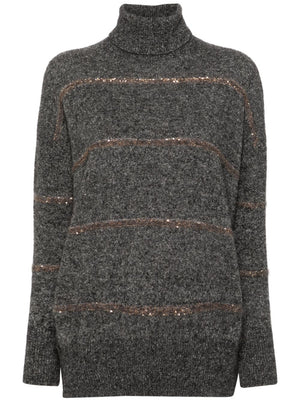 BRUNELLO CUCINELLI Elegant Striped Turtleneck Sweater with Golden Sequins