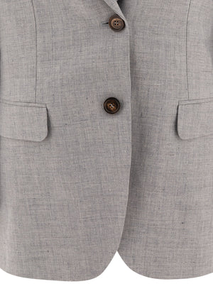 BRUNELLO CUCINELLI Linen and Wool Canvas Blazer with Monili - Regular Fit, Long Sleeves