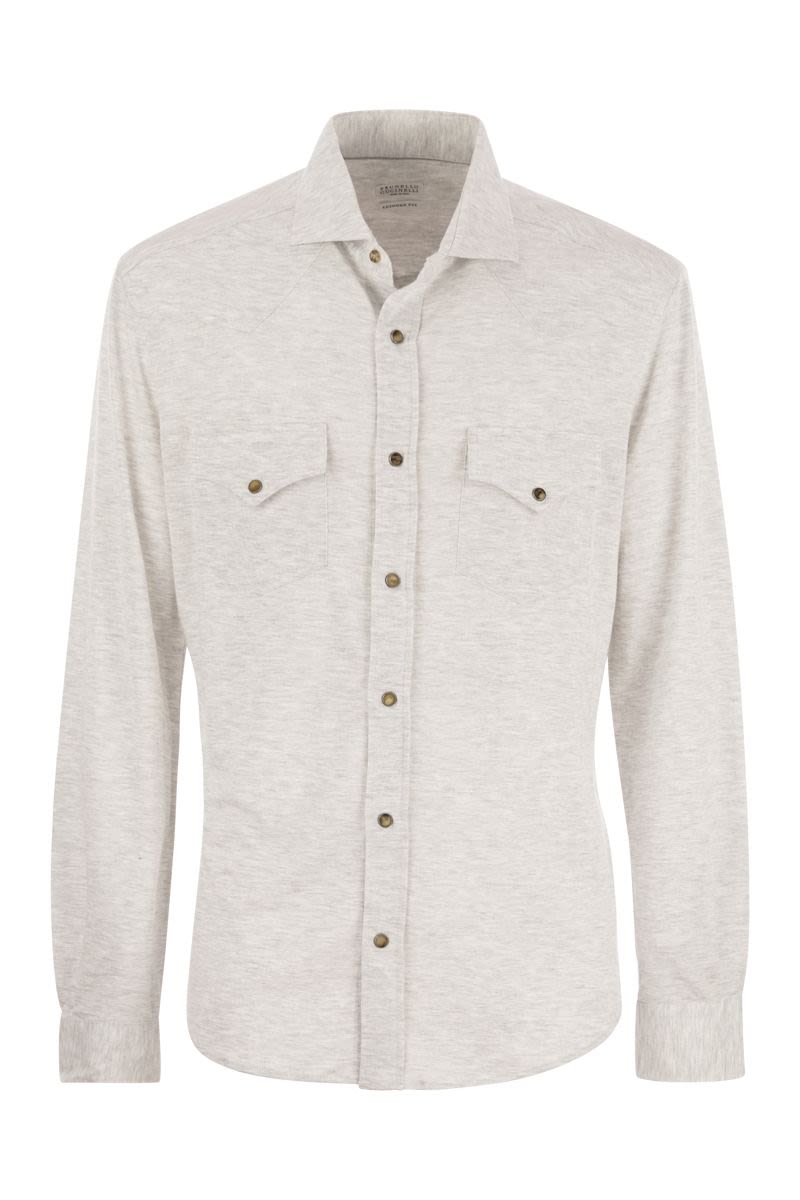 BRUNELLO CUCINELLI Heather Grey Cotton/Linen Spread Collar Men's T-Shirt