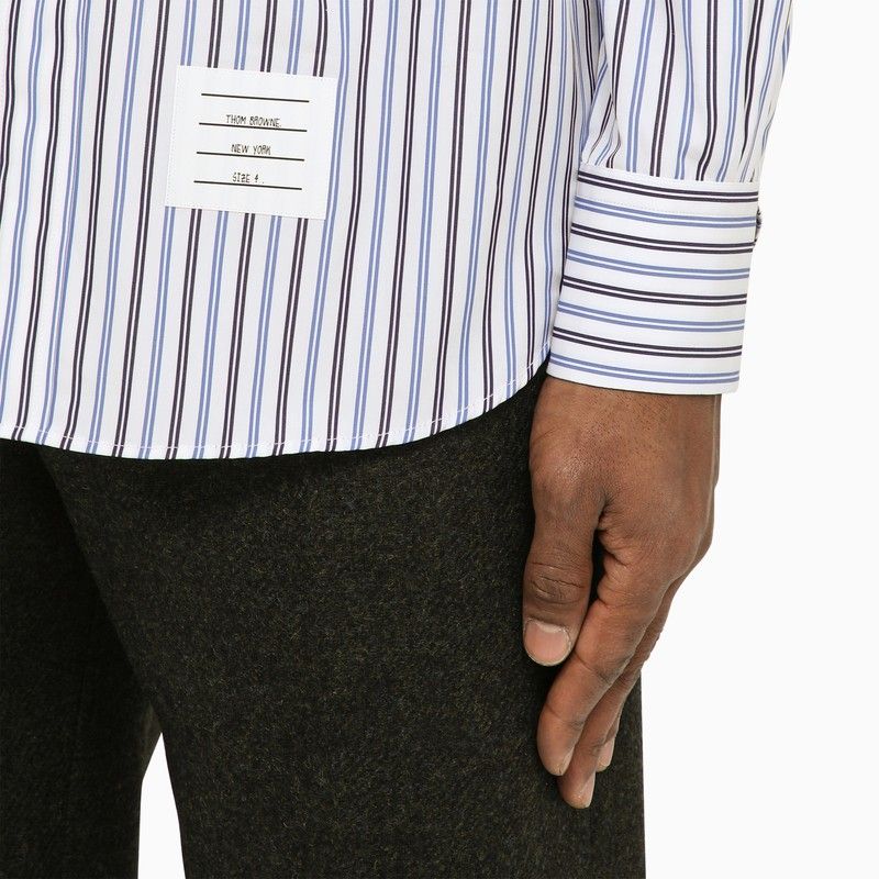 THOM BROWNE Navy Blue/White Striped Poplin Shirt for Men