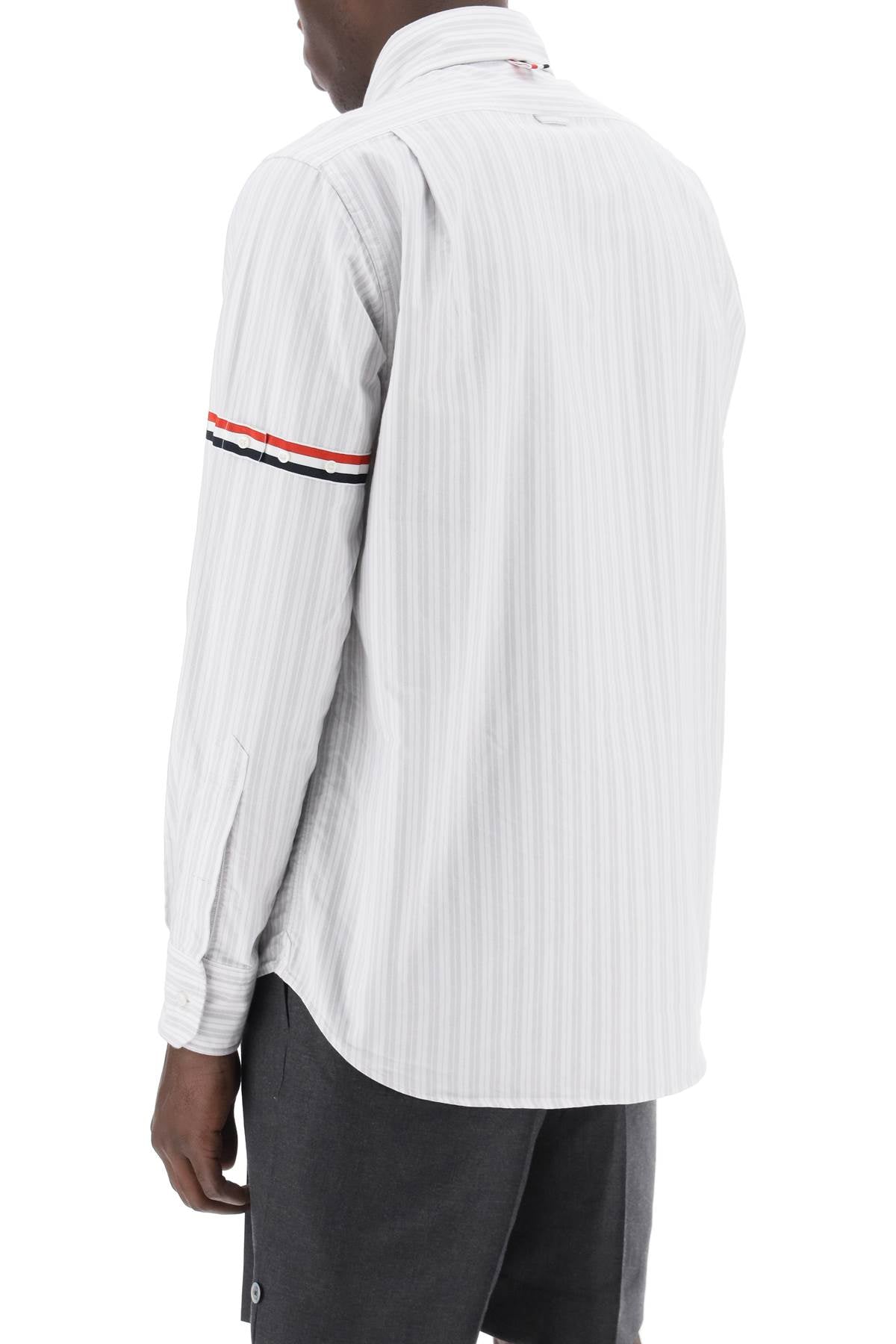 THOM BROWNE Men's Long-Sleeved Striped Poplin Shirt - Grey & White