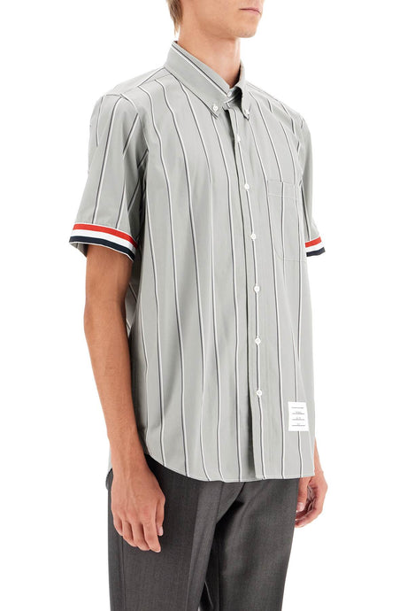 THOM BROWNE Striped Short-Sleeved Oxford Shirt with Tricolor Accents - Size 2