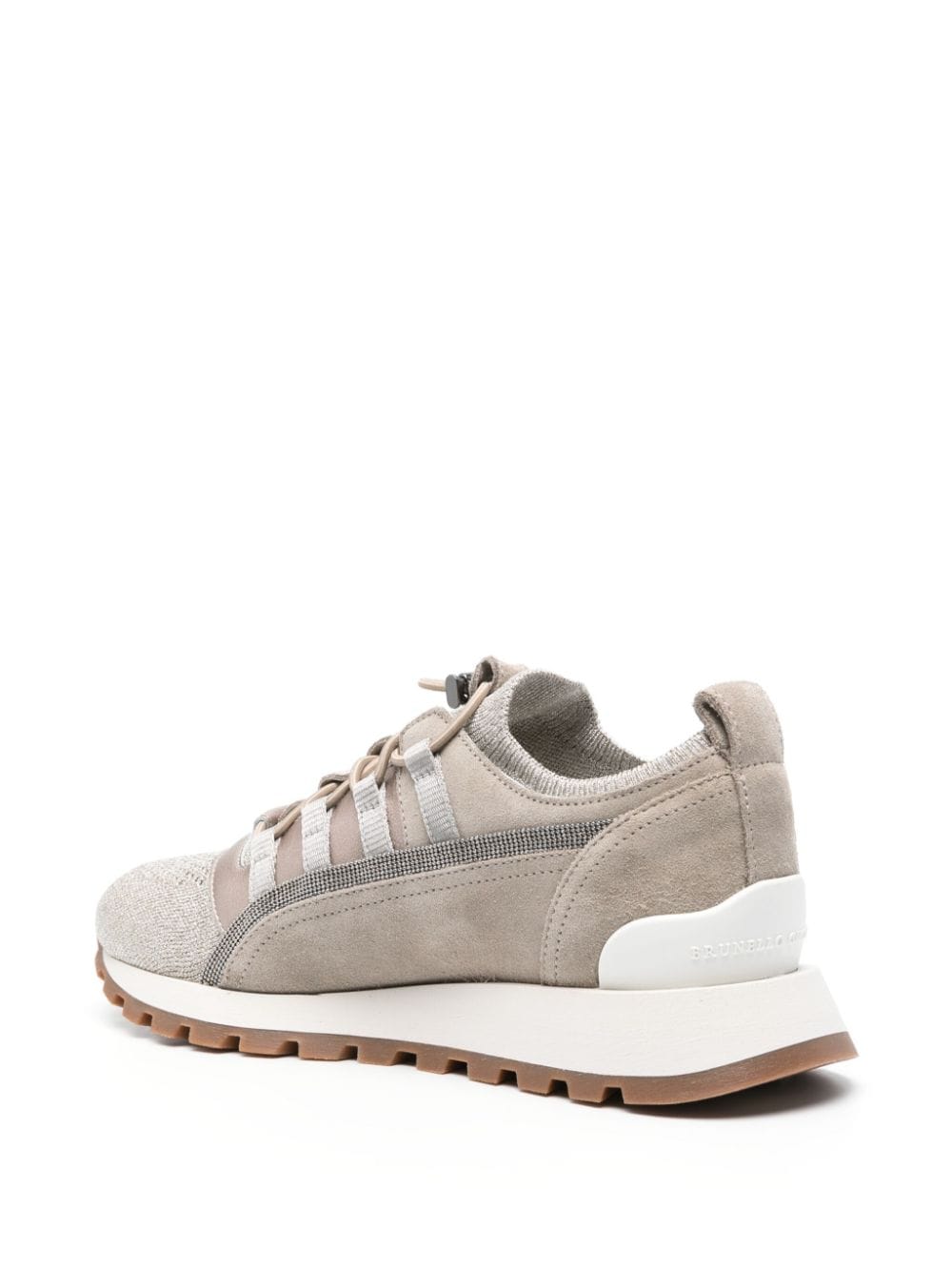 BRUNELLO CUCINELLI Beige Leather Sneakers with glitter and Monili chain detailing