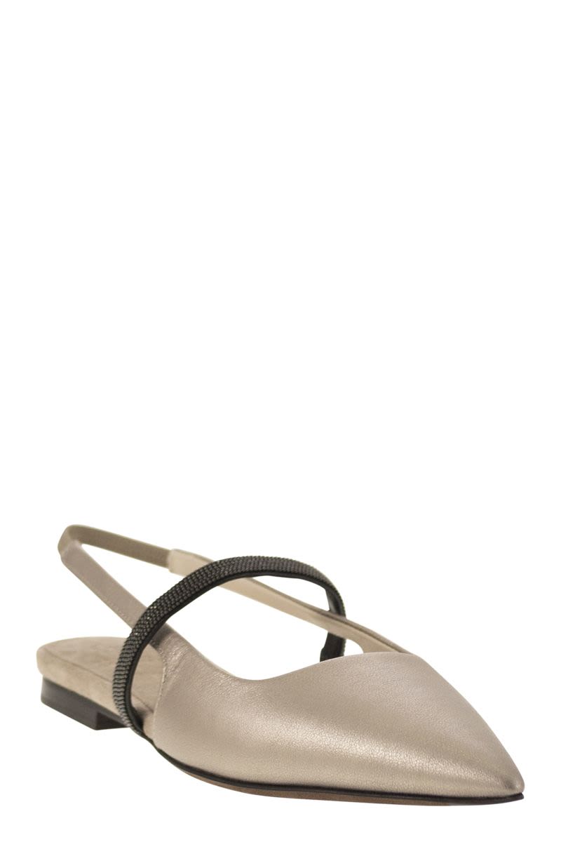 BRUNELLO CUCINELLI Elegant Light Grey Leather Ballerina Flats with Monili Bead Detail