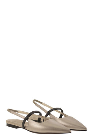 BRUNELLO CUCINELLI Elegant Light Grey Leather Ballerina Flats with Monili Bead Detail