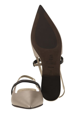 BRUNELLO CUCINELLI Elegant Light Grey Leather Ballerina Flats with Monili Bead Detail