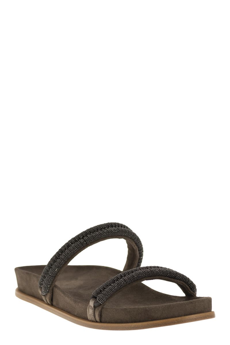 BRUNELLO CUCINELLI Slip-On Suede Sandals with Chain Detail